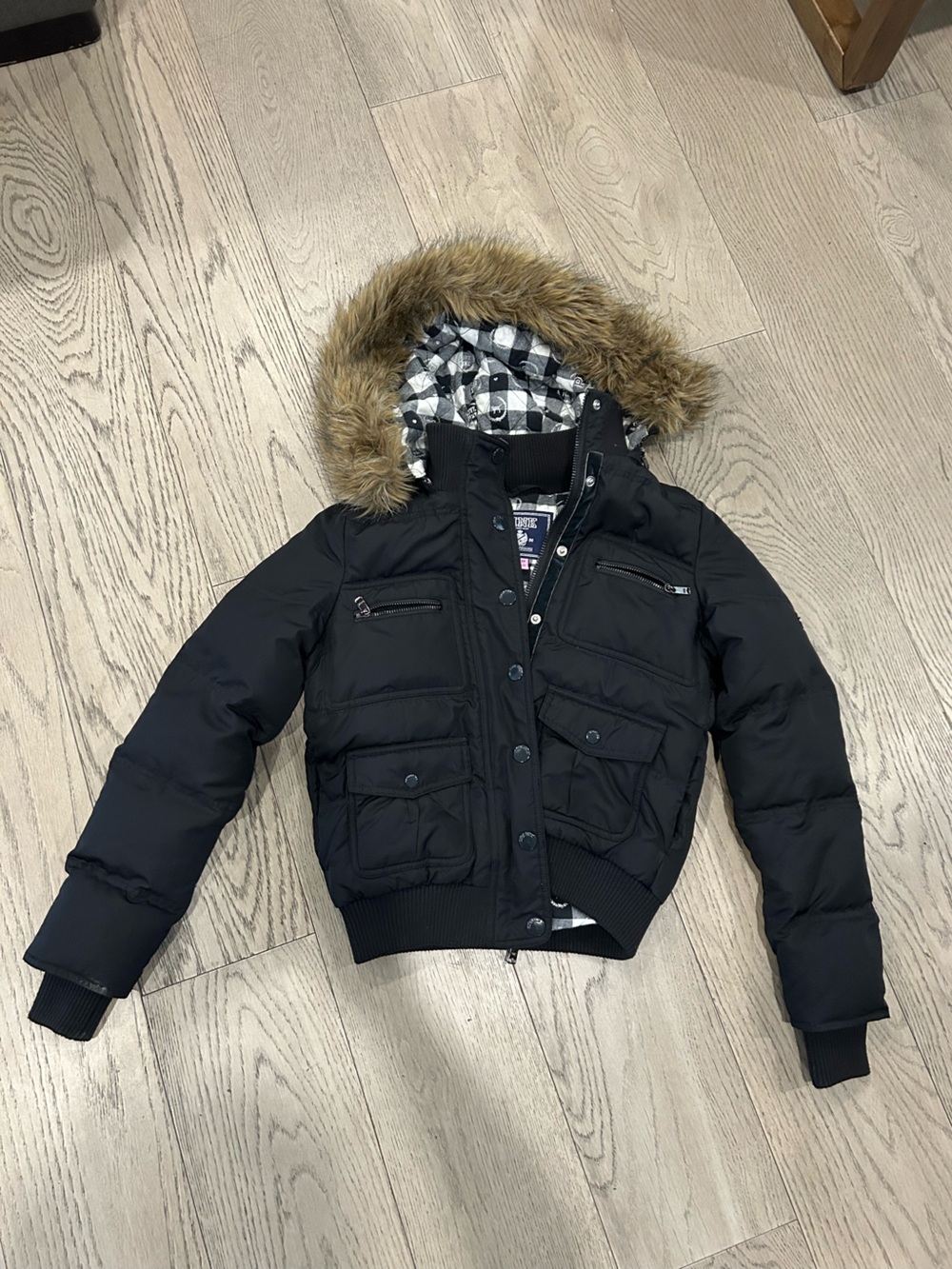 PINK Victoria's Secret Black Puffer Jacket with Faux Fur Hood